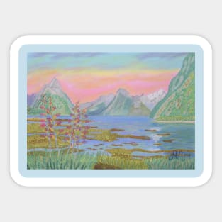 Colorful sunset in Milford Sound, New Zealand Sticker